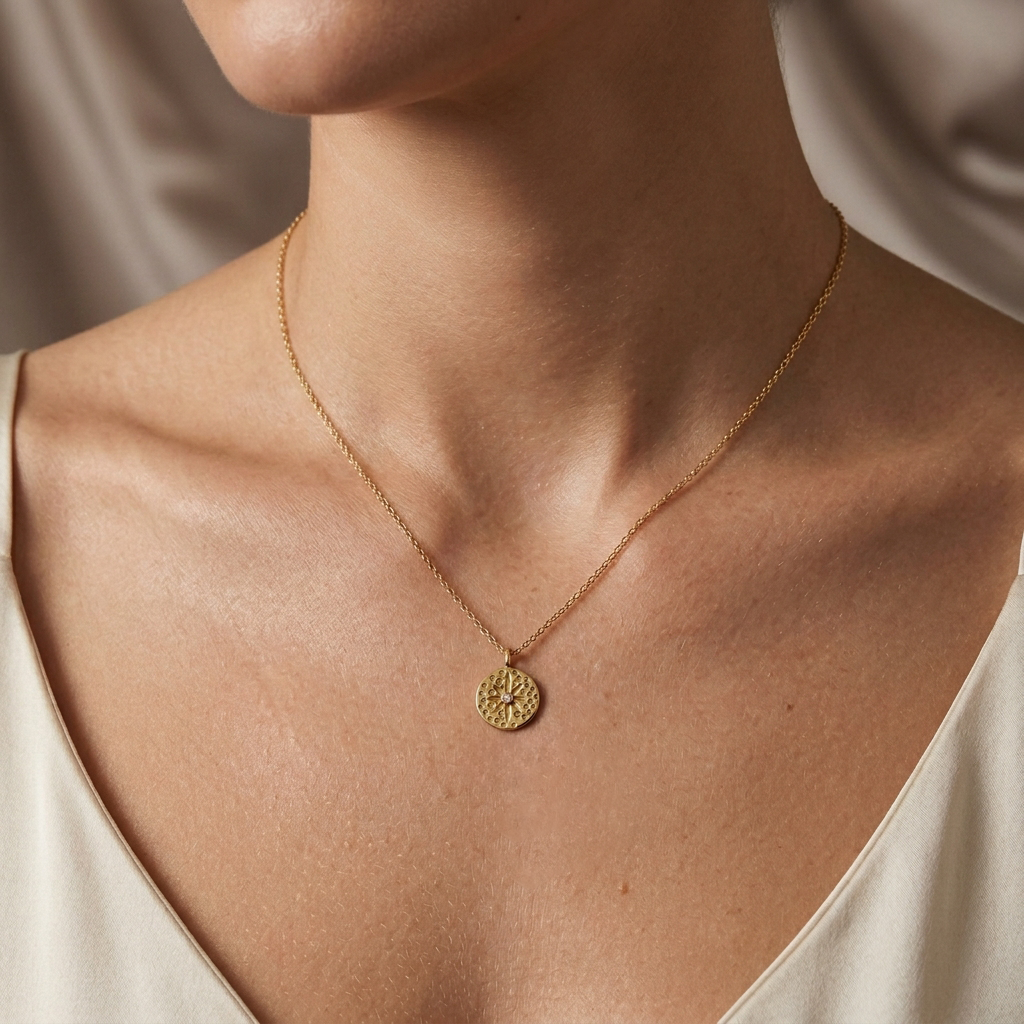 Yellow Gold Vermeil Floral Disc Necklace - Adjustable Chain