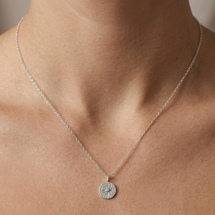 Sterling Silver Floral Disc Necklace - Adjustable Chain